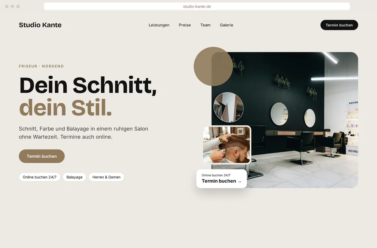 Moderne Friseur-Website mit klarer Botschaft und Online-Terminbuchung