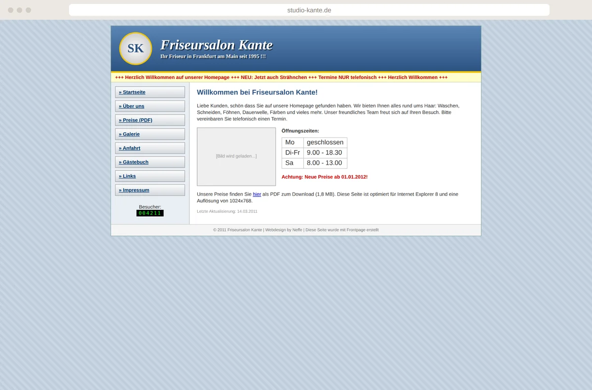 Veraltete Friseur-Website mit Besucherzähler, Lauftext und PDF-Preisliste