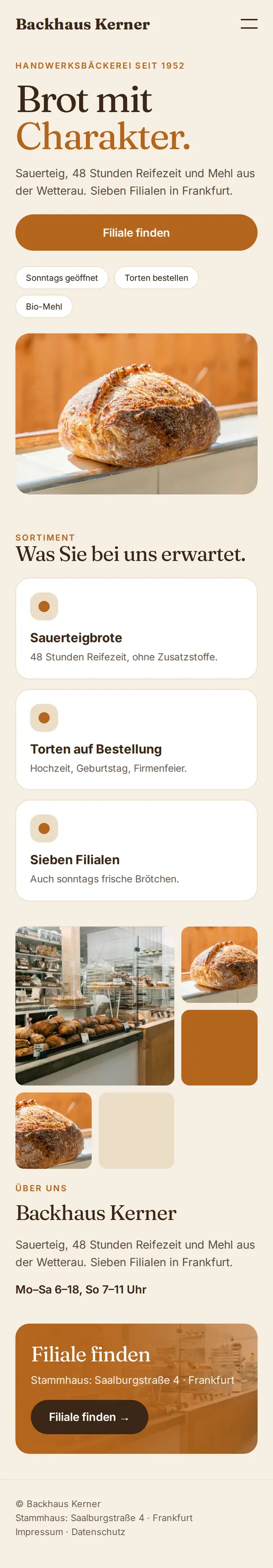 Mobile Ansicht der Beispiel-Website für Bäckereien