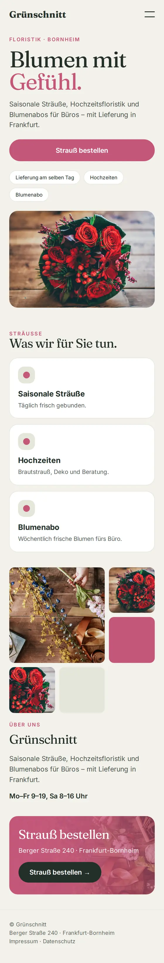 Mobile Ansicht der Beispiel-Website für Blumenläden und Floristen