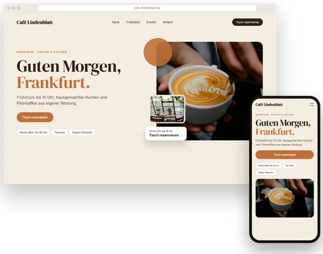 Beispiel-Website für ein Café mit Speisekarte und Öffnungszeiten auf Laptop und Smartphone