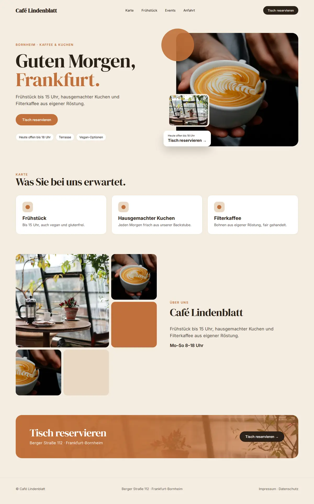 Komplette Beispiel-Website für Cafés auf dem Desktop: Café Lindenblatt