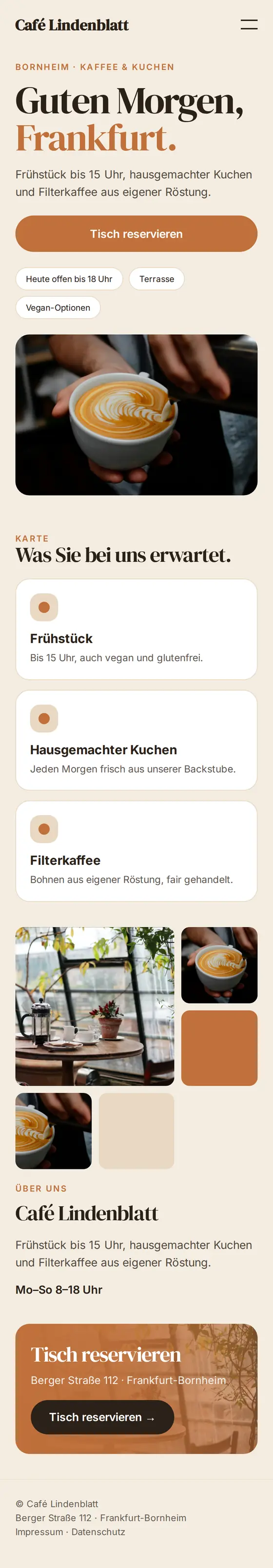 Mobile Ansicht der Beispiel-Website für Cafés