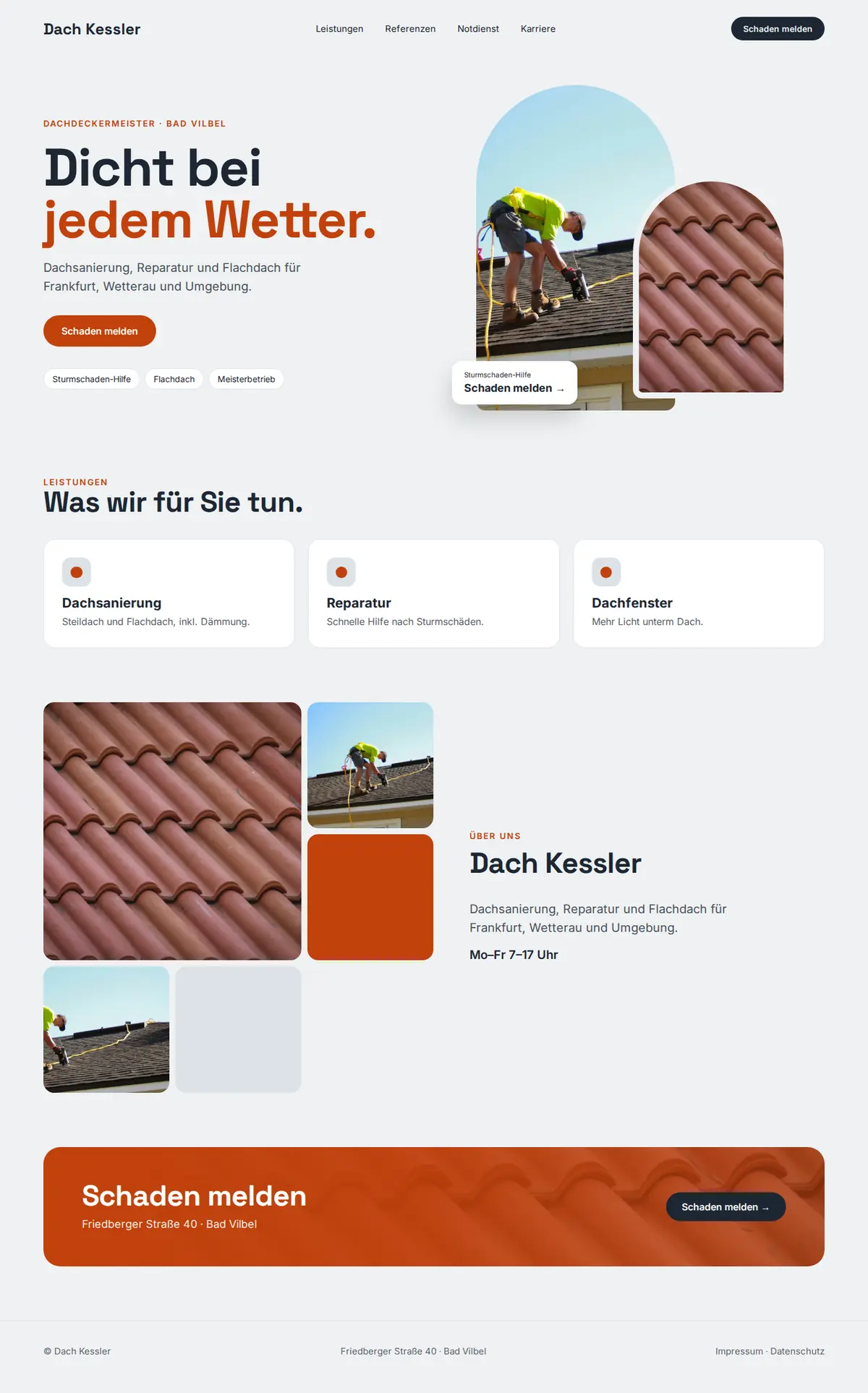 Komplette Beispiel-Website für Dachdeckerbetriebe auf dem Desktop: Dach Kessler
