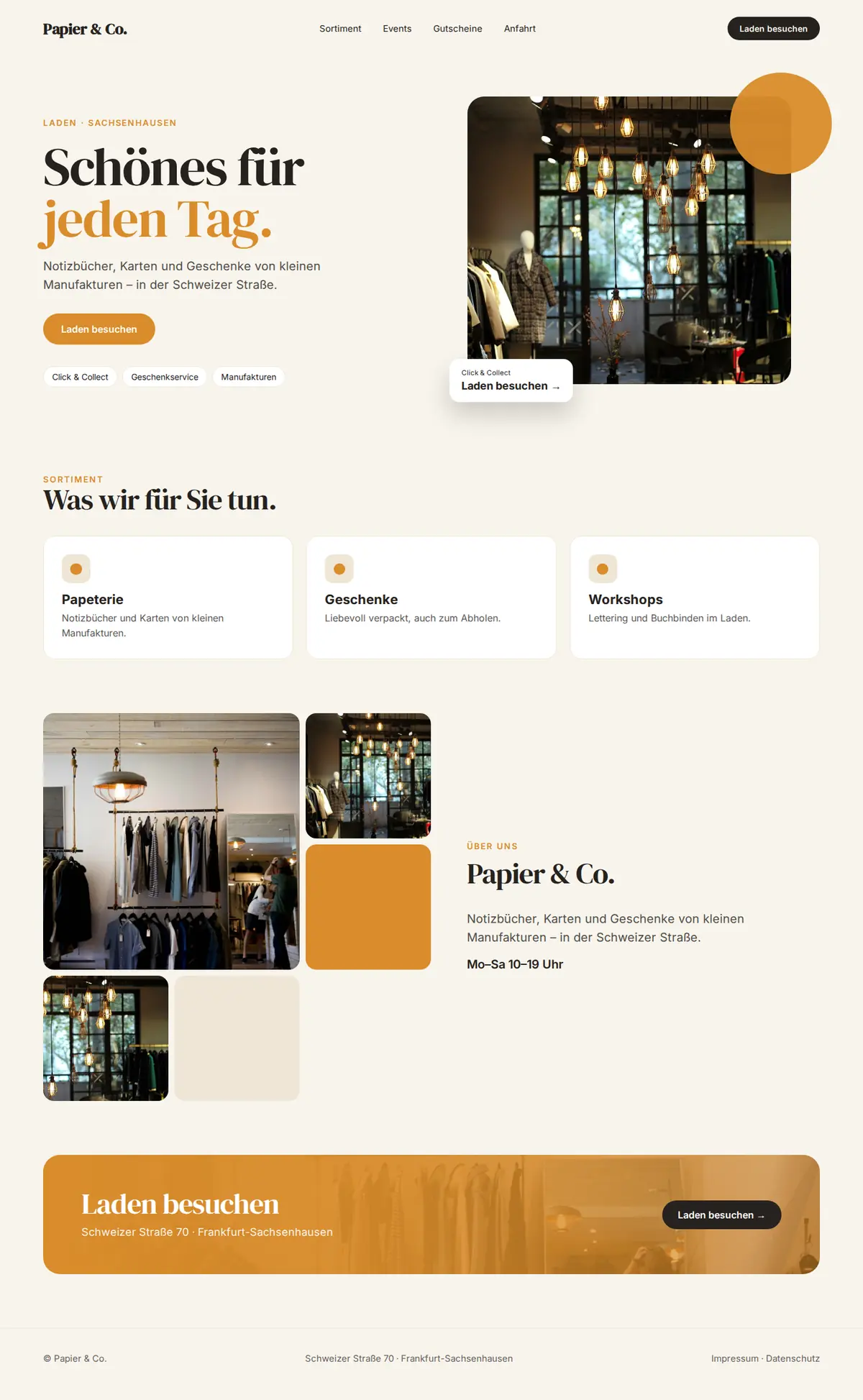 Komplette Beispiel-Website für Läden und Einzelhändler auf dem Desktop: Papier & Co.