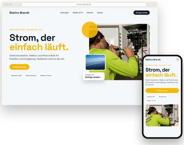 Beispiel-Website für einen Elektrobetrieb mit Anfrageformular und Notdienst-Nummer