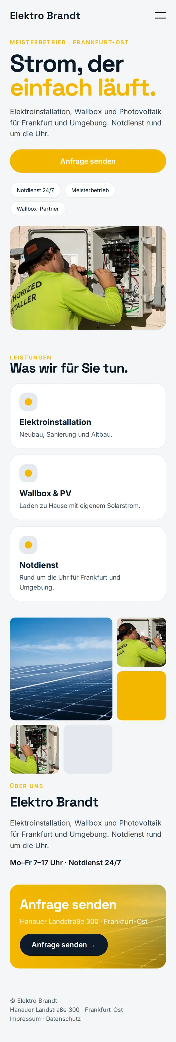Mobile Ansicht der Beispiel-Website für Elektrobetriebe
