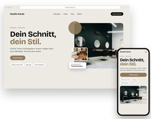 Beispiel-Website für einen Friseursalon mit Online-Terminbuchung auf Laptop und Smartphone