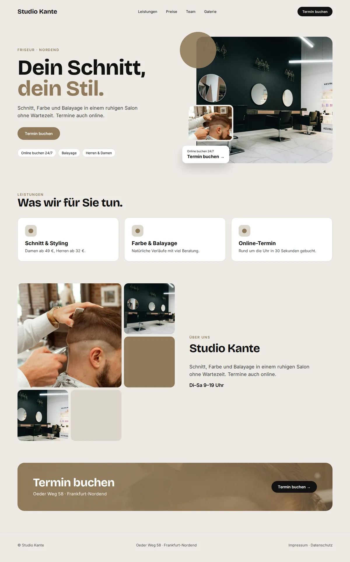 Komplette Beispiel-Website für Friseursalons auf dem Desktop: Studio Kante