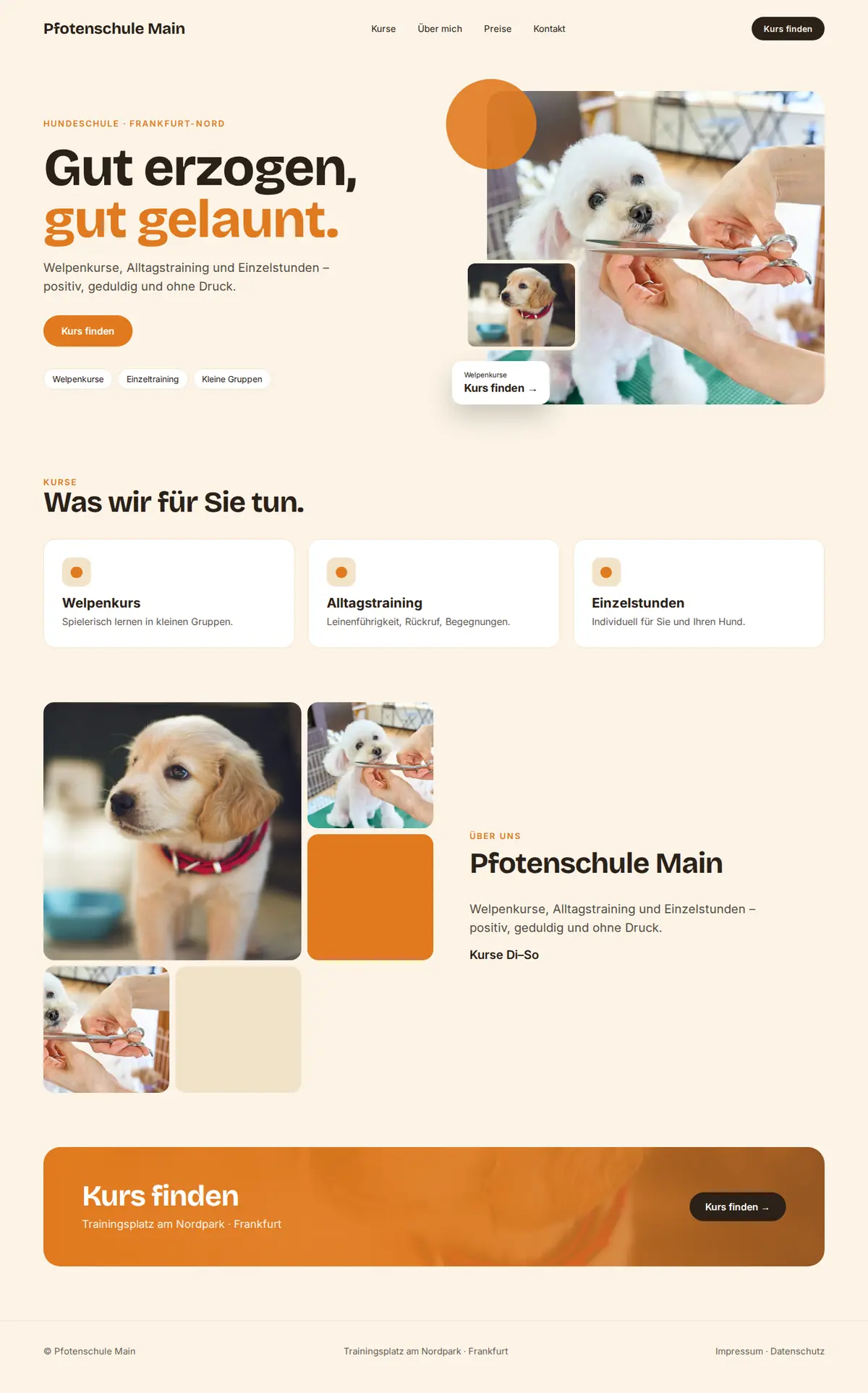 Komplette Beispiel-Website für Hundeschulen und Hundesalons auf dem Desktop: Pfotenschule Main
