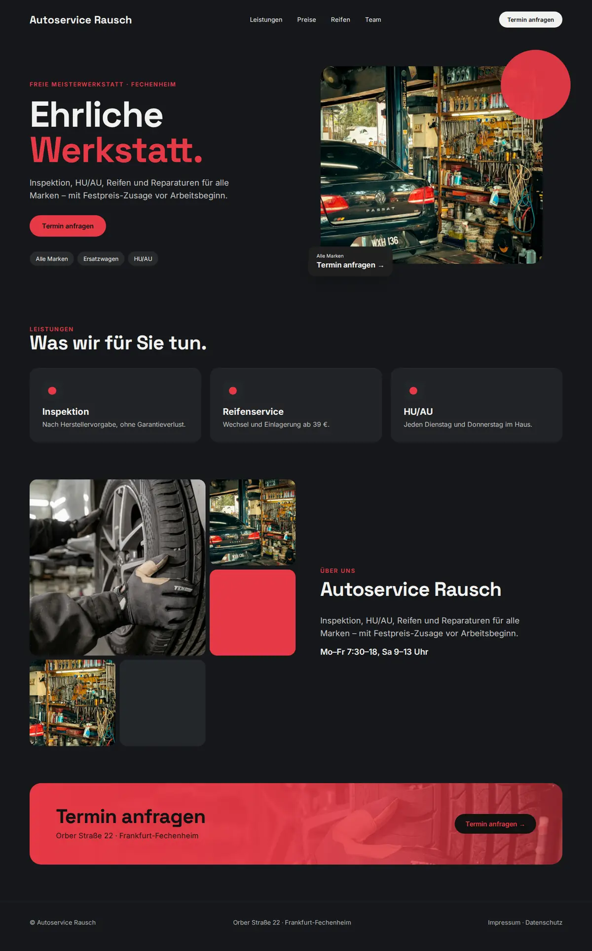Komplette Beispiel-Website für Kfz-Werkstätten auf dem Desktop: Autoservice Rausch