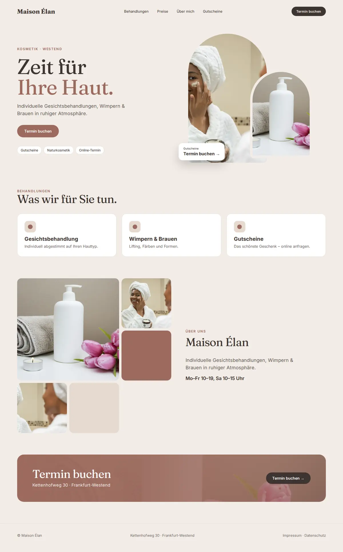Komplette Beispiel-Website für Kosmetikstudios auf dem Desktop: Maison Élan