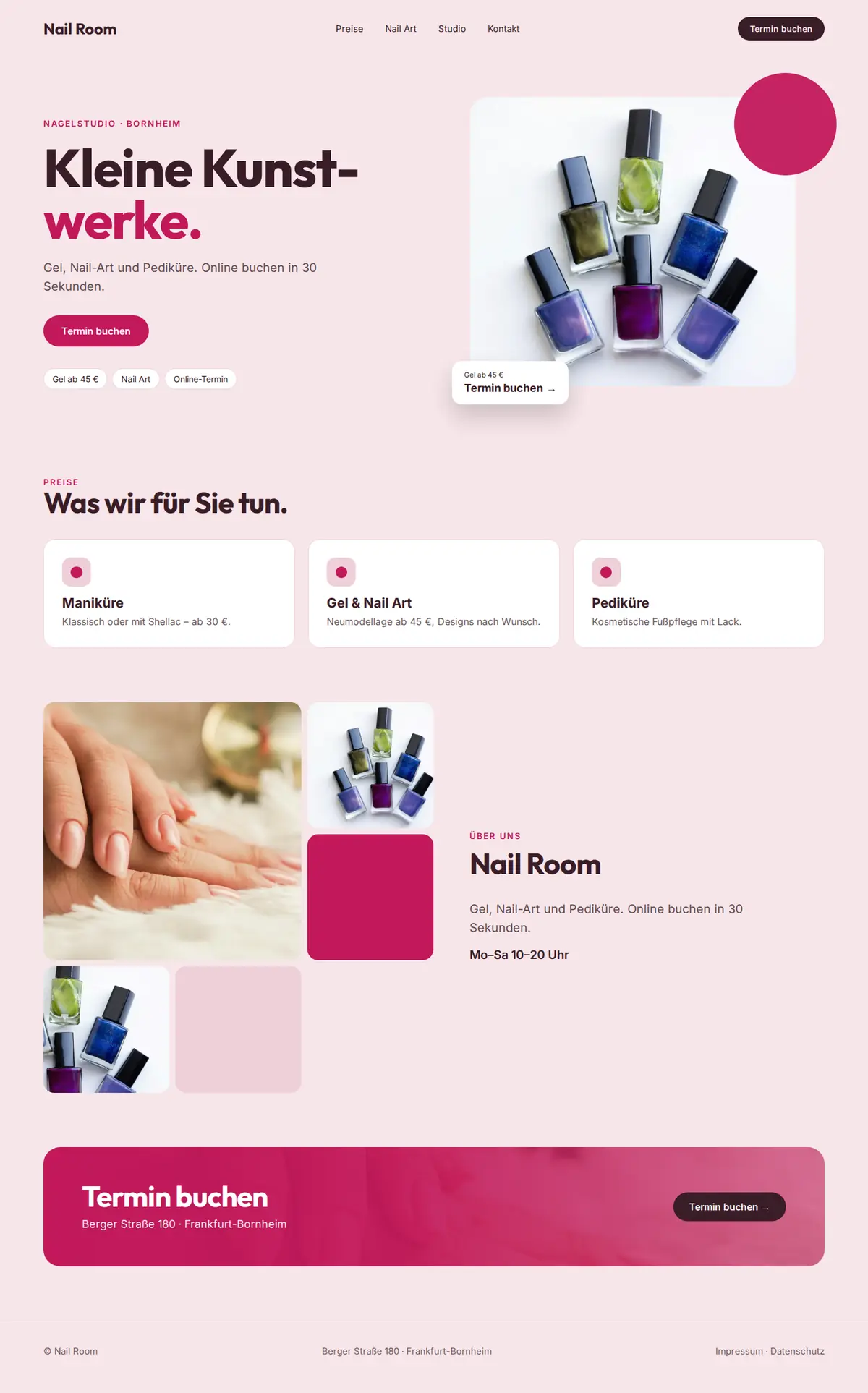 Komplette Beispiel-Website für Nagelstudios auf dem Desktop: Nail Room
