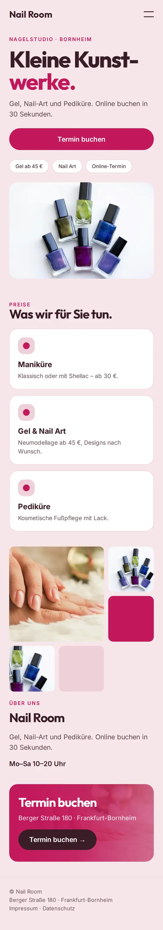 Mobile Ansicht der Beispiel-Website für Nagelstudios