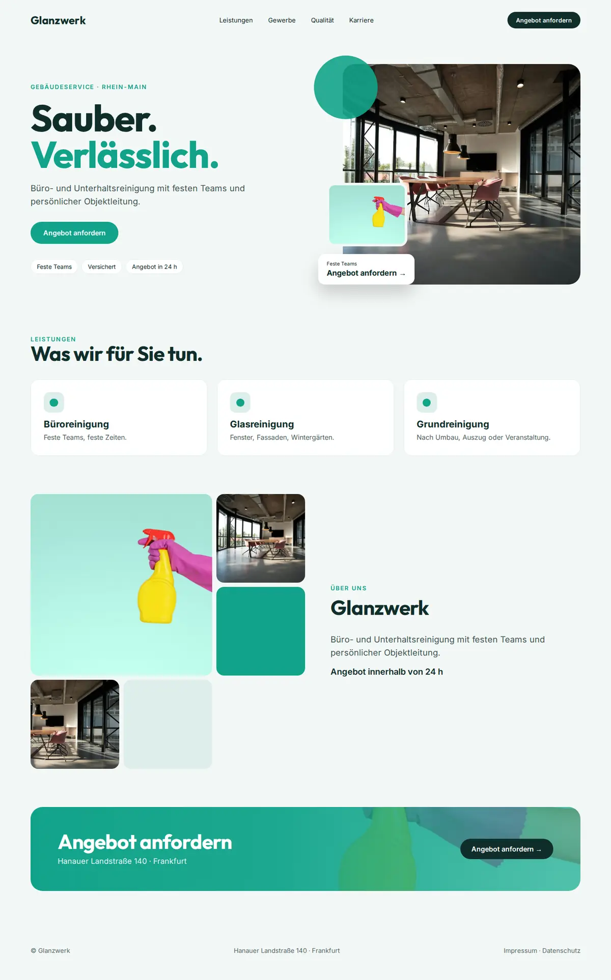 Komplette Beispiel-Website für Reinigungsfirmen auf dem Desktop: Glanzwerk