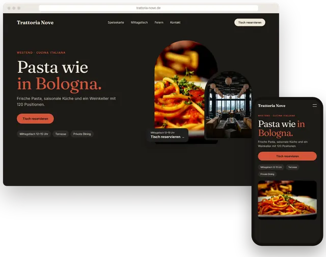 Beispiel-Website für ein Restaurant mit Online-Reservierung auf Laptop und Smartphone