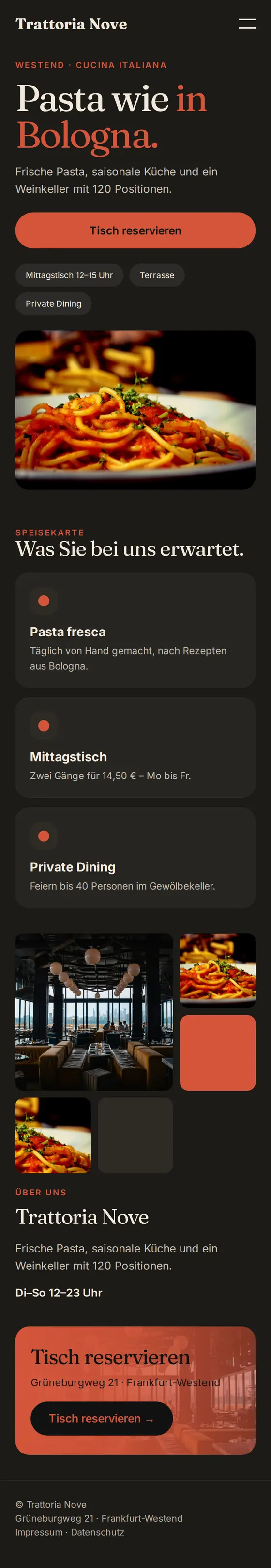 Mobile Ansicht der Beispiel-Website eines Restaurants
