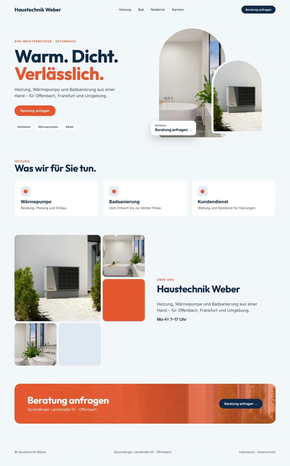 Komplette Beispiel-Website für SHK-Betriebe auf dem Desktop: Haustechnik Weber