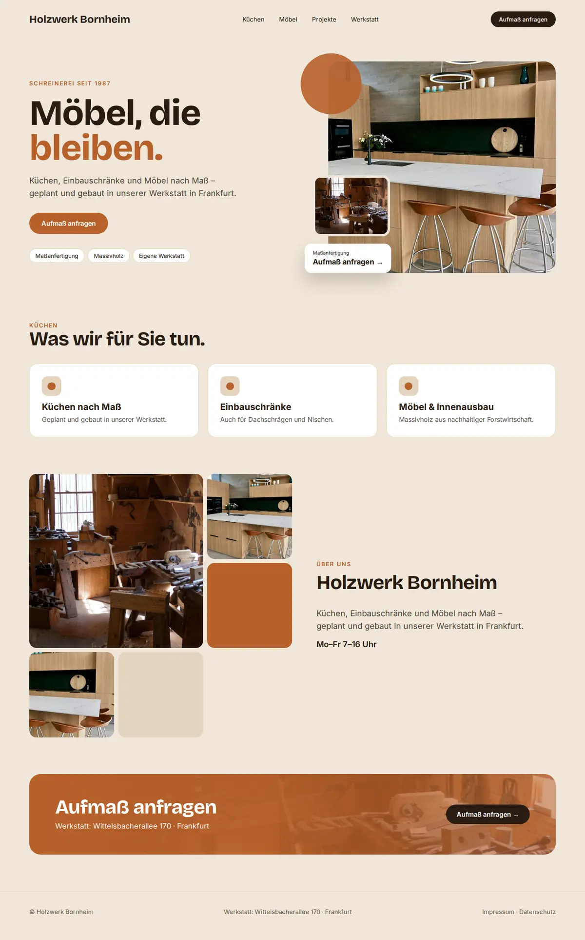 Komplette Beispiel-Website für Schreinereien und Tischlereien auf dem Desktop: Holzwerk Bornheim