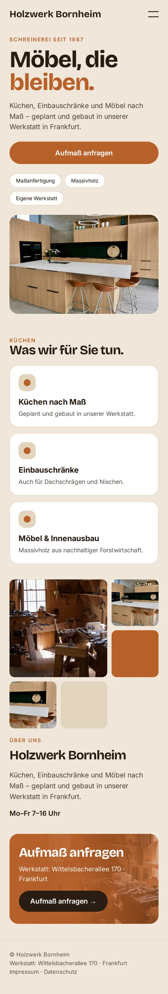 Mobile Ansicht der Beispiel-Website für Schreinereien und Tischlereien