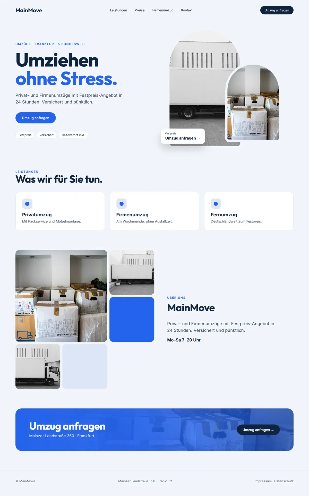 Komplette Beispiel-Website für Umzugsunternehmen auf dem Desktop: MainMove