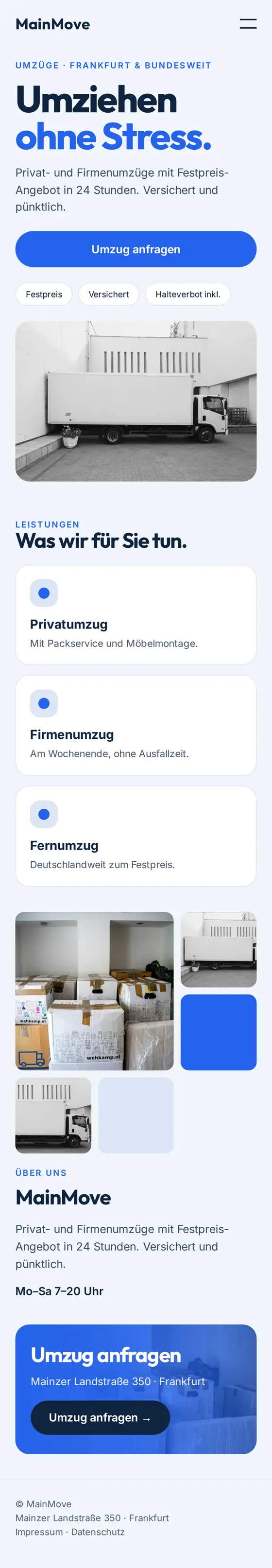 Mobile Ansicht der Beispiel-Website für Umzugsunternehmen