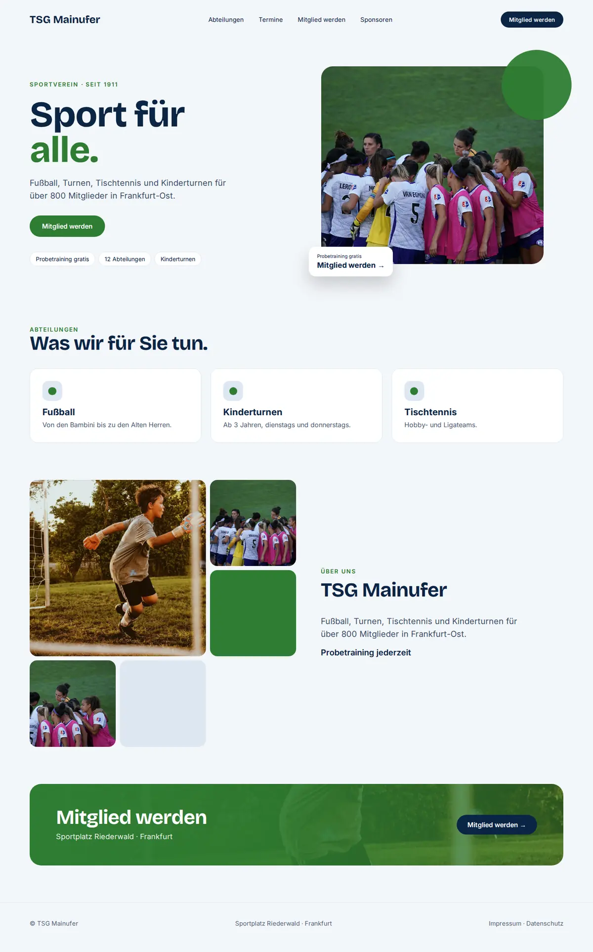 Komplette Beispiel-Website für Vereine auf dem Desktop: TSG Mainufer