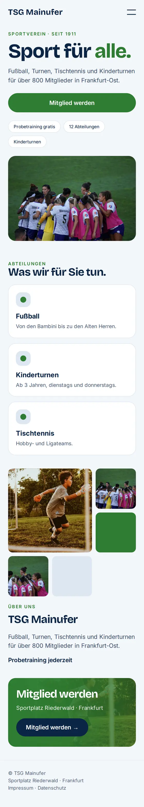 Mobile Ansicht der Beispiel-Website für Vereine