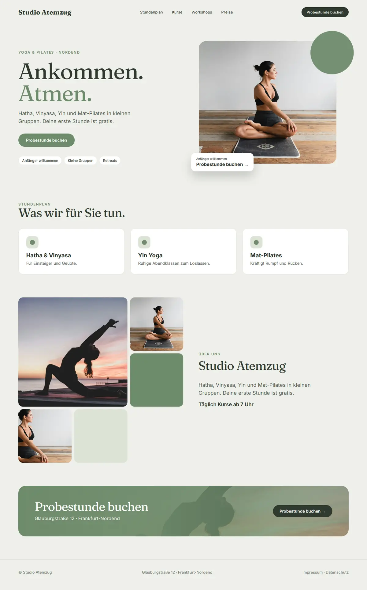 Komplette Beispiel-Website für Yoga- und Pilatesstudios auf dem Desktop: Studio Atemzug