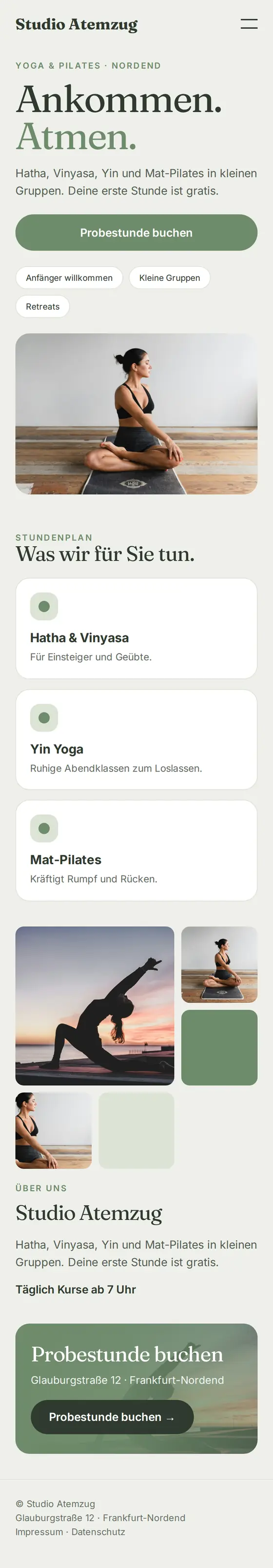 Mobile Ansicht der Beispiel-Website für Yoga- und Pilatesstudios