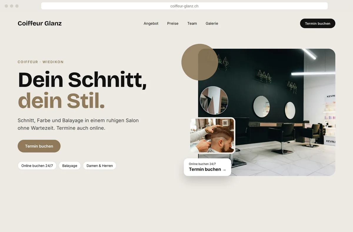 Moderne Website desselben Coiffeursalons mit klarer Botschaft und Online-Terminbuchung
