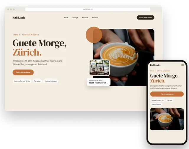 Beispiel-Website für ein Café mit Karte und Öffnungszeiten auf Laptop und Smartphone