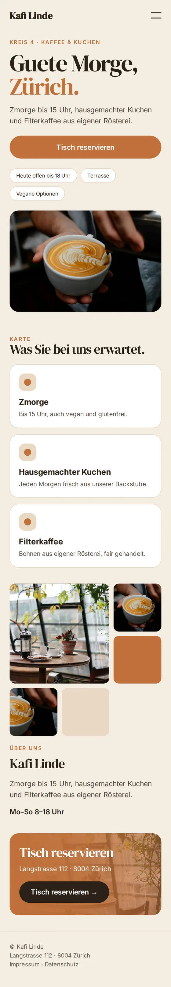 Mobile Ansicht der Beispiel-Website für Cafés