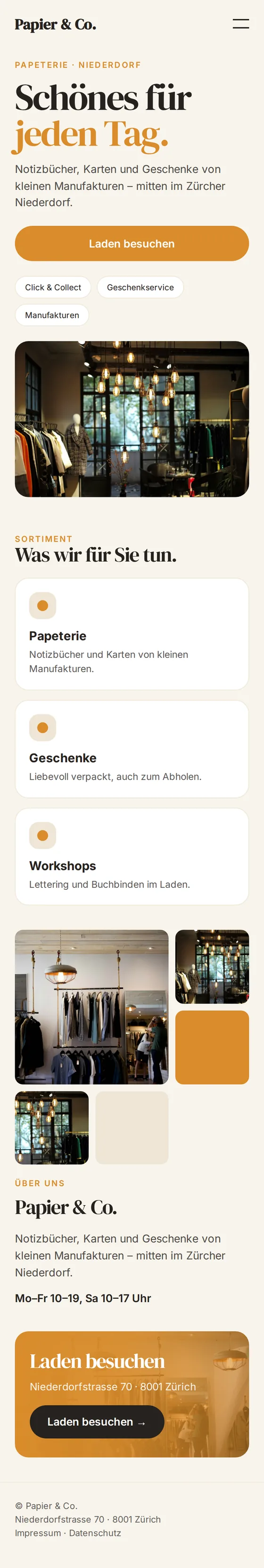 Mobile Ansicht der Beispiel-Website für Läden und Detailhändler