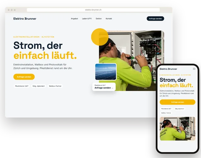 Beispiel-Website für einen Elektroinstallationsbetrieb mit Anfrageformular und Notfallnummer