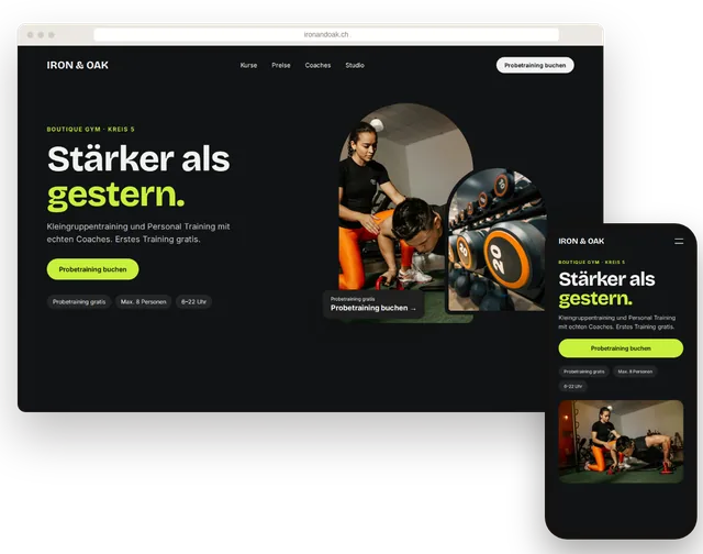 Beispiel-Website für ein Fitnesscenter mit Kursplan und Probetraining-Buchung
