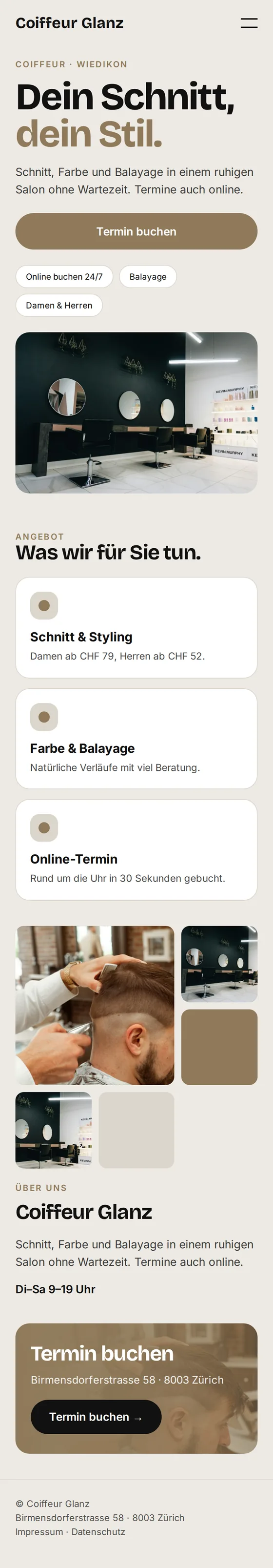 Mobile Ansicht der Beispiel-Website für Coiffeursalons