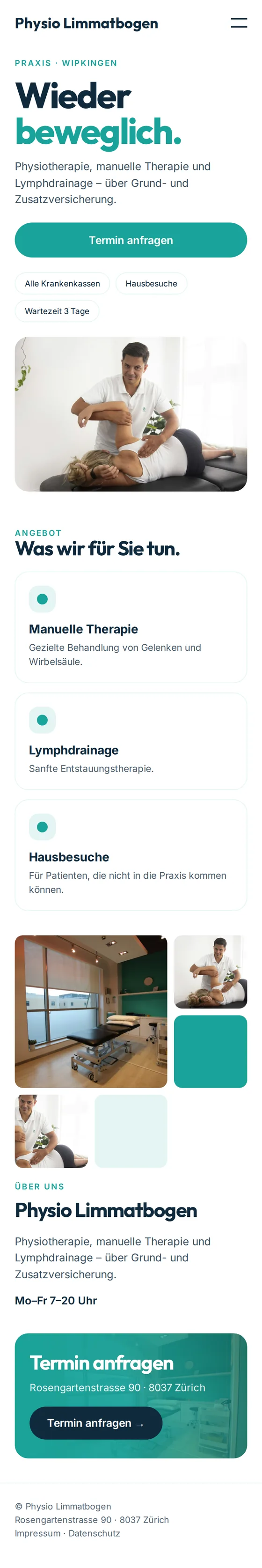 Mobile Ansicht der Beispiel-Website für Physiotherapie-Praxen
