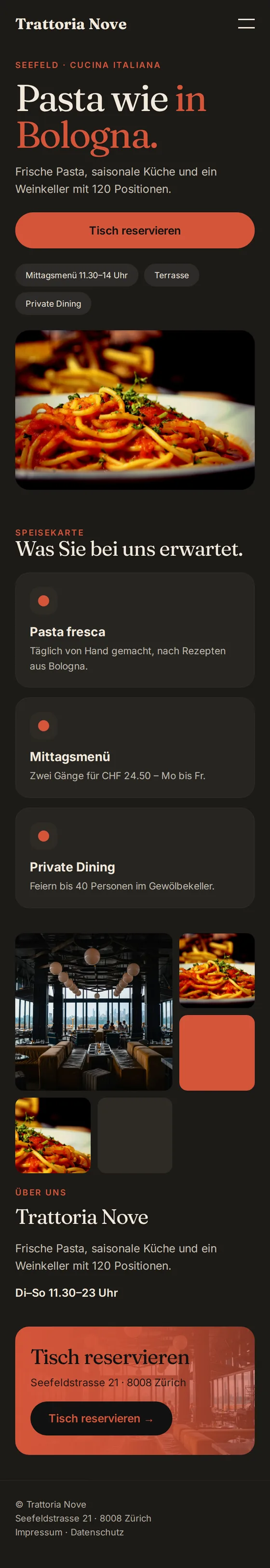 Mobile Ansicht der Beispiel-Website einer Trattoria in Zürich