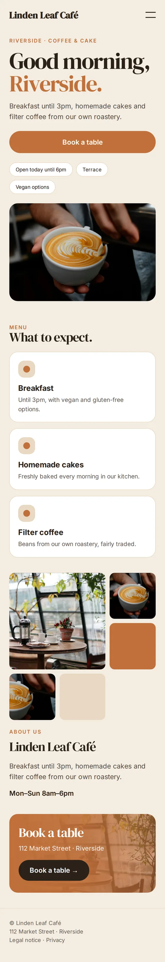 Mobile view of the example website for cafés