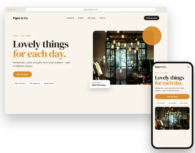 Example website for an independent store with products and hours on a laptop and smartphone