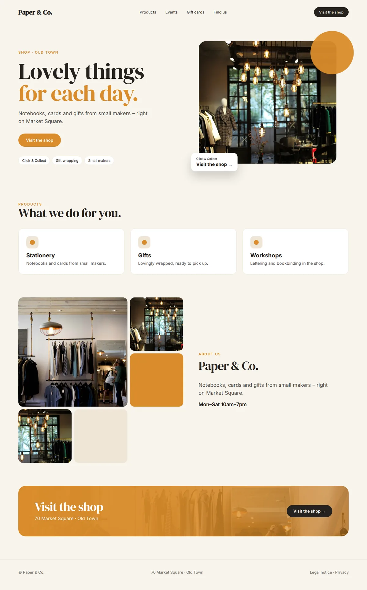 Complete example website for retail stores and boutiques on desktop: Paper & Co.