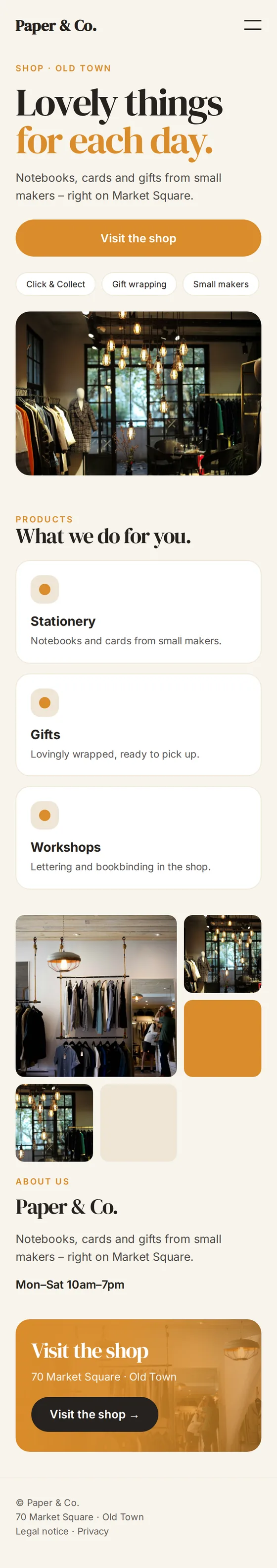 Mobile view of the example website for retail stores and boutiques
