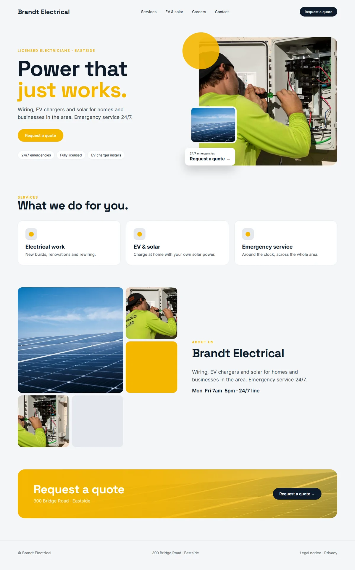 Complete example website for electricians on desktop: Brandt Electrical