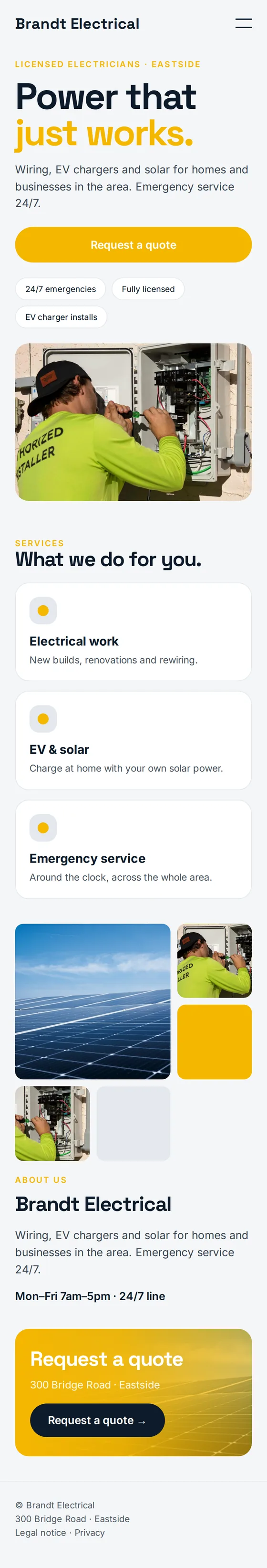 Mobile view of the example website for electricians