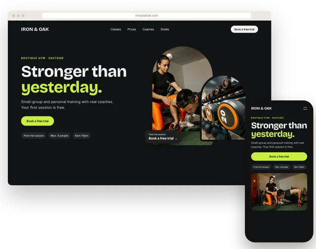 Example gym website with class timetable and trial session button on a laptop and smartphone