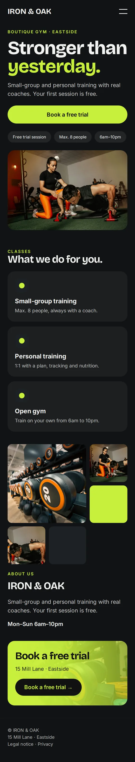 Mobile view of the example website for gyms and personal trainers