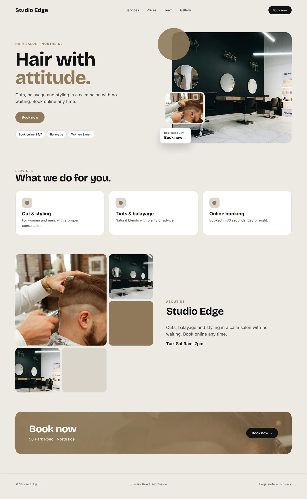 Complete example website for hair salons and barbershops on desktop: Studio Edge
