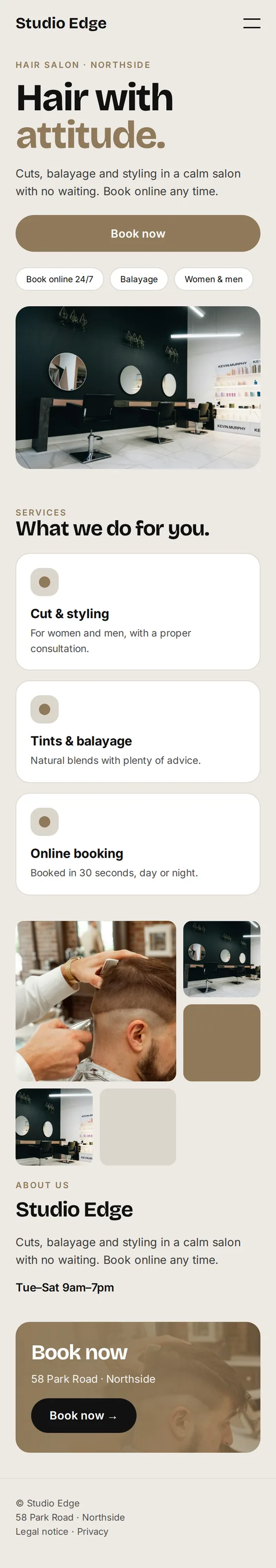 Mobile view of the example website for hair salons and barbershops