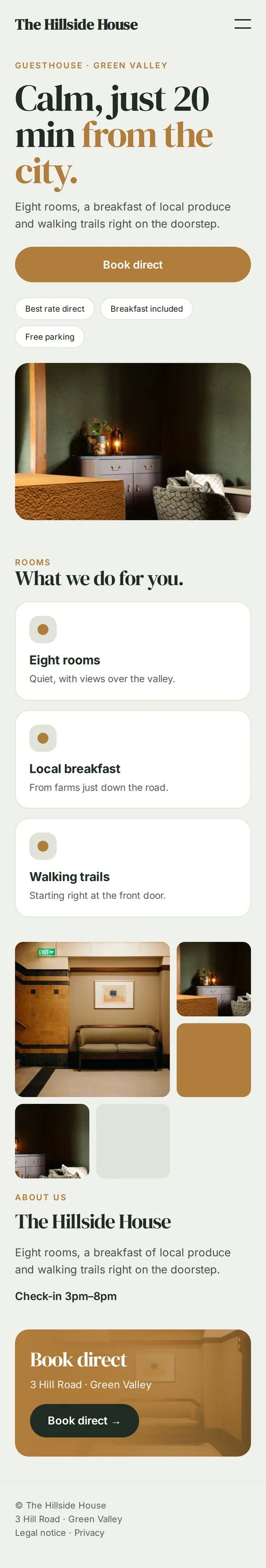 Mobile view of the example website for small hotels, inns and B&Bs